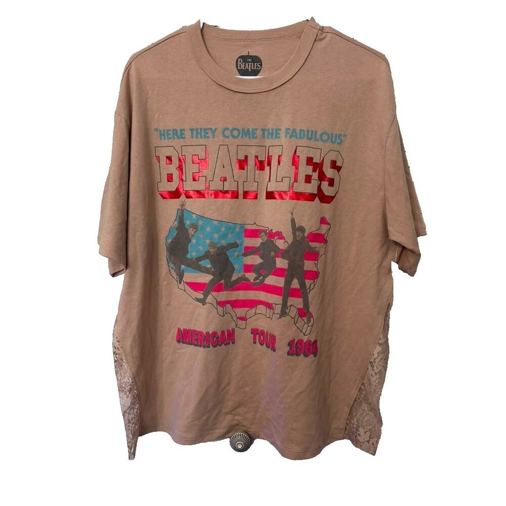 The Beatles American Tour Graphic Shirt Women Medium Beige Lace Tee New